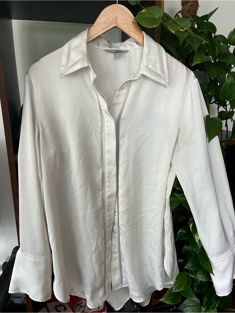 H&M White Satin Lace Trim Button Down Blouse S Women